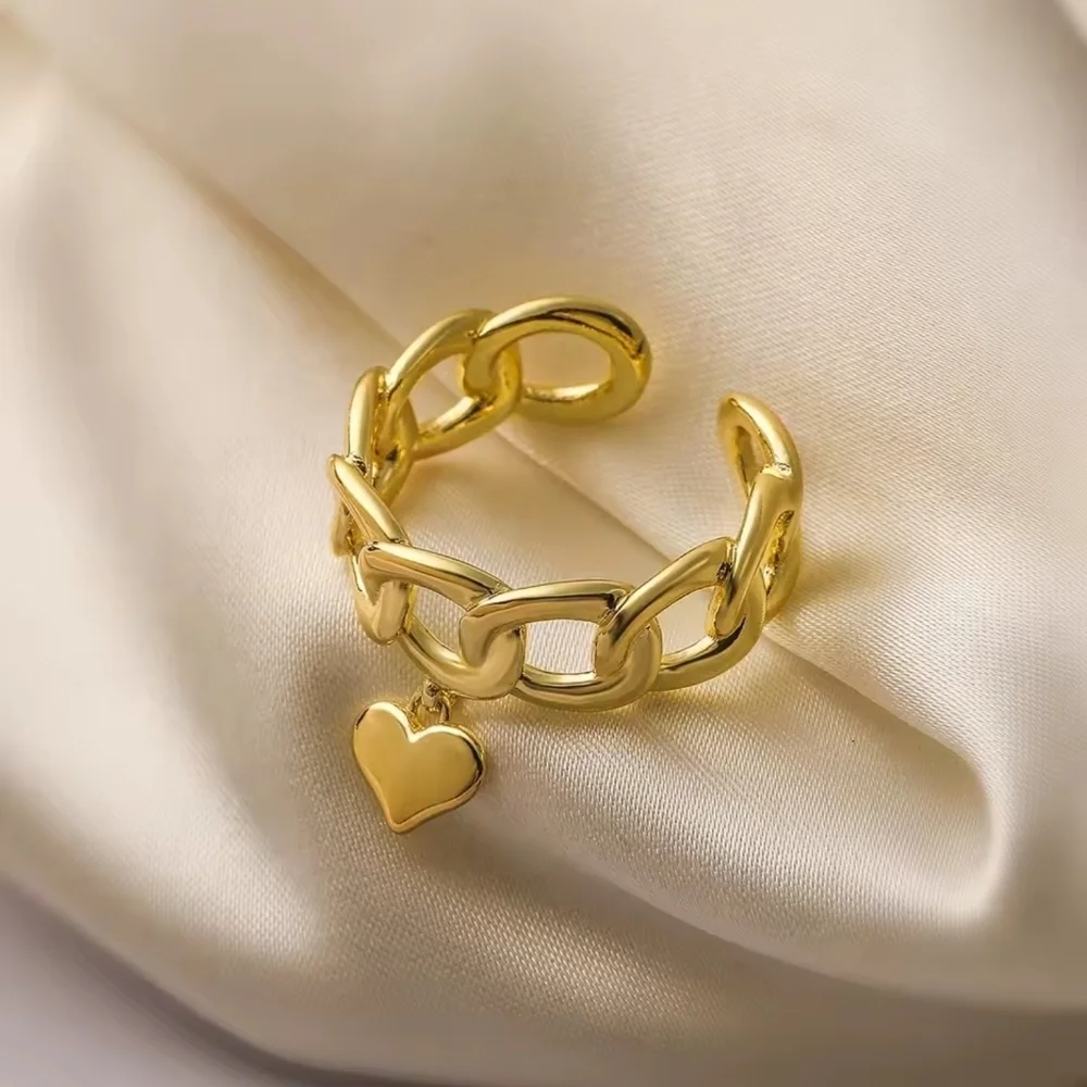 Gold Heart Charm Chain Ring